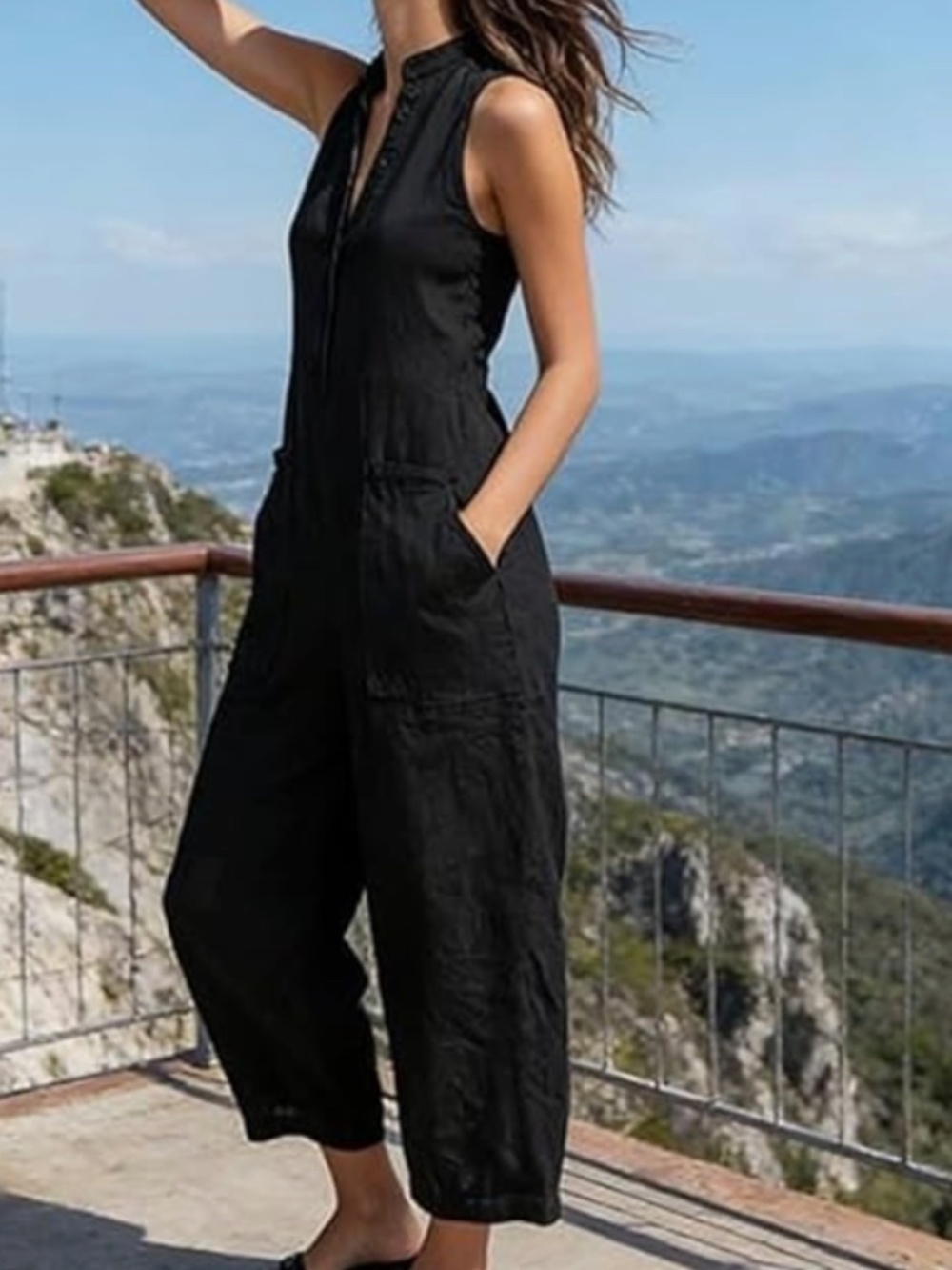Black Linen Jumpsuit. Wide Leg. Sleeveless Half Button Linen Overall. M. NWOT - Picture 2 of 5
